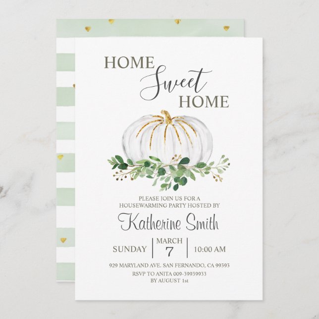 White Pumpkin Housewarming Greenery Floral Party  Invitation (Front/Back)