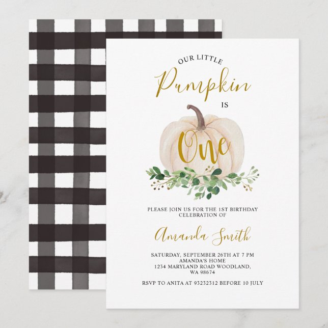 White Pumpkin Is One Birthday Greenery Floral Invitation (Front/Back)