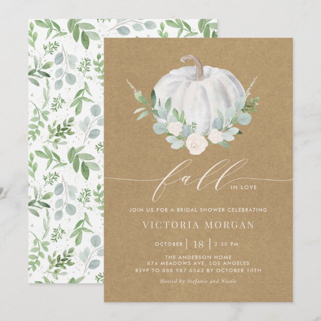 White Pumpkin Kraft Paper Fall Bridal Shower Invitation (Front/Back)