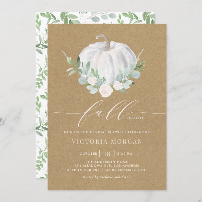 White Pumpkin Kraft Paper Fall Bridal Shower Invitation (Front/Back)