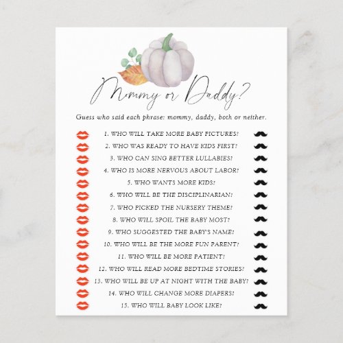 White pumpkin _ mommy or daddy baby shower game