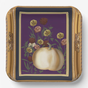 White Pumpkin Moody Floral in Ornate Gold Frame Paper Plates