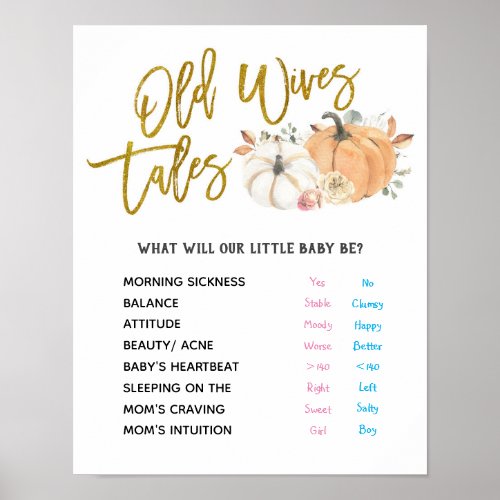White Pumpkin Old Wives Tales Gender Reveal Poster