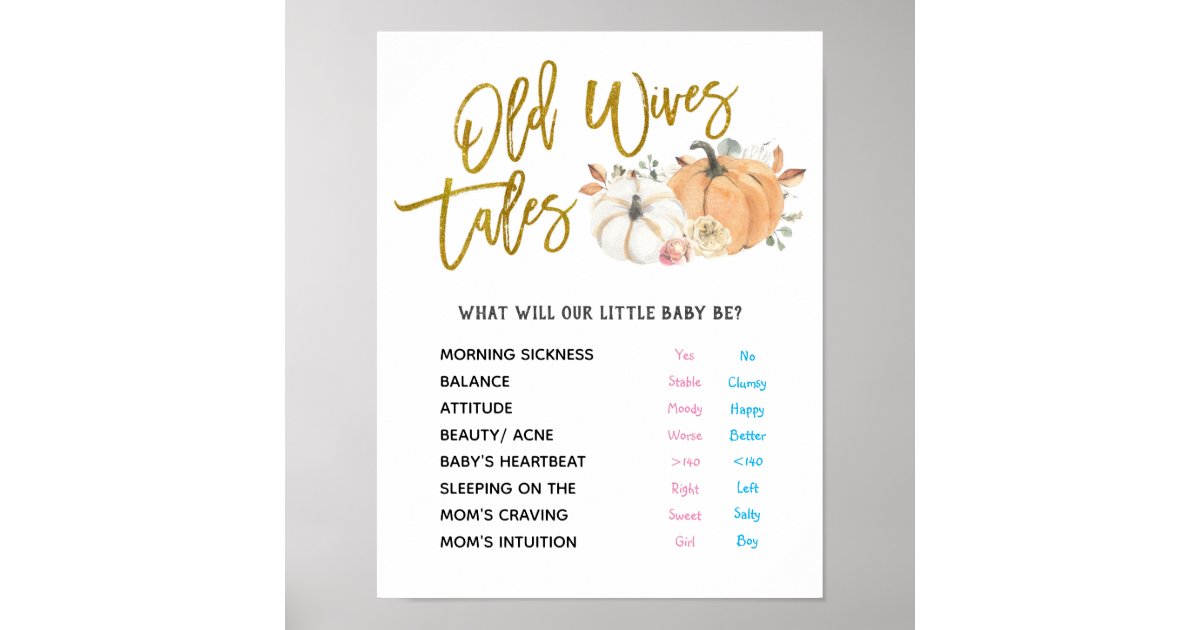 White Pumpkin Old Wives Tales Gender Reveal Poster Zazzle