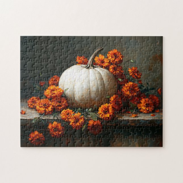 White Pumpkin Orange Marigolds Jigsaw Puzzle (Horizontal)