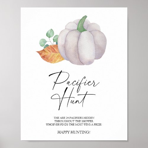 White pumpkin pacifier hunt baby shower game poster