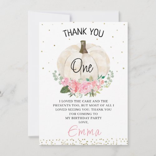 White Pumpkin Pink Floral Birthday Thank You Card