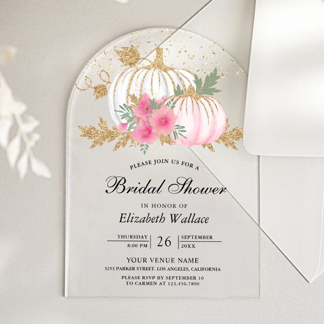 White Pumpkin Pink Floral Bridal Shower Acrylic Invitations (Creator Uploaded)