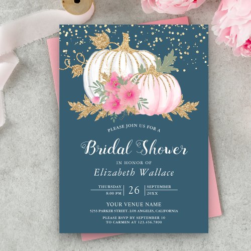 White Pumpkin Pink Floral Dusty Blue Bridal Shower Invitation