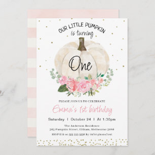 White Pumpkin Pink Floral Girls 1st Birthday Invitation