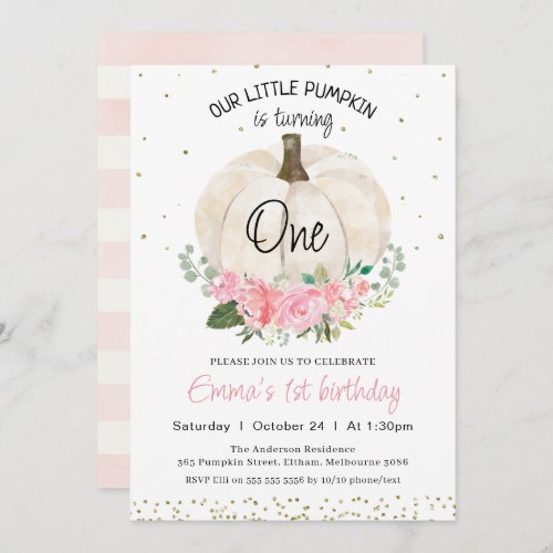 White Pumpkin Pink Floral Girls 1st Birthday Invitation