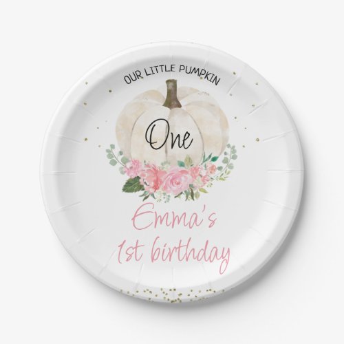 White Pumpkin Pink Floral Girls 1st Birthday Plate