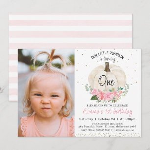 White Pumpkin Pink Floral Photo 1st Birthday Invitation