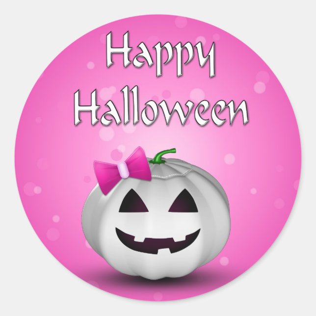 White Pumpkin Pink Girly Halloween Classic Round Sticker (Front)