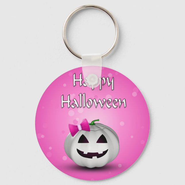 White Pumpkin Pink Girly Halloween Keychain (Front)
