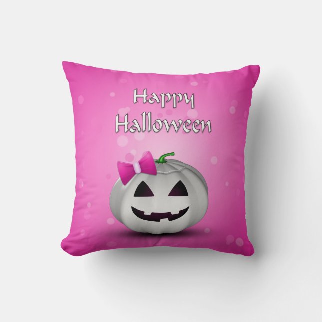White Pumpkin Pink Girly Halloween Throw Pillow (Front)