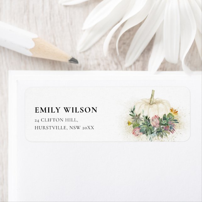 WHITE PUMPKIN PINK PROTEA SUCCULENT FAUNA ADDRESS LABEL (Insitu)