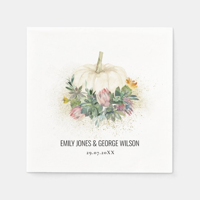WHITE PUMPKIN PINK PROTEA SUCCULENT FAUNA WEDDING  NAPKINS (Front)
