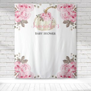 White Pumpkin Pink Watercolor Floral Baby Shower Tapestry