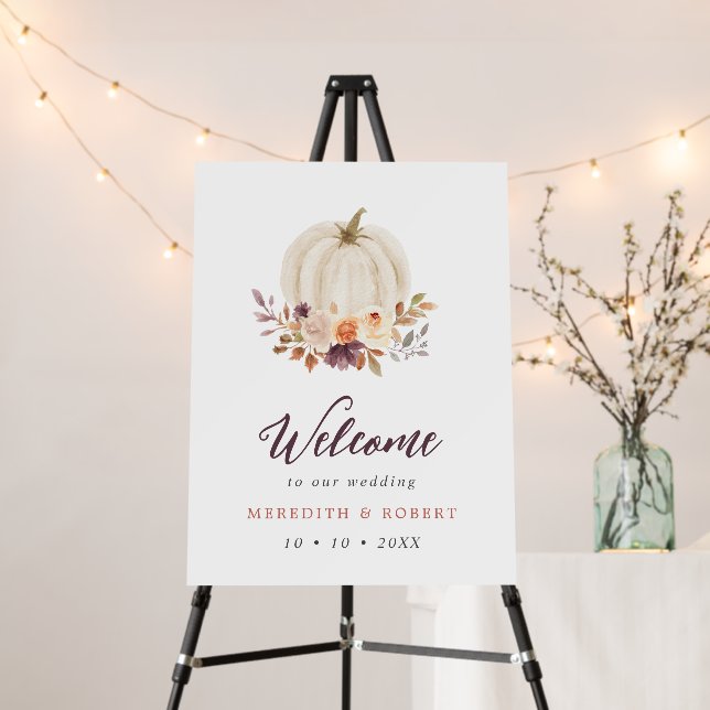 White Pumpkin Purple Floral Wedding Welcome Foam Board (In Situ (Stand))