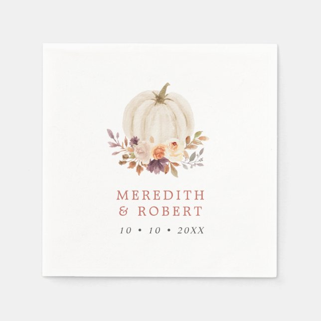 White Pumpkin Purple & Terracotta Floral Wedding Napkins (Front)