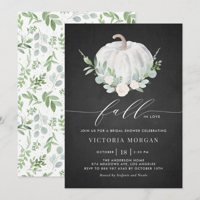 White Pumpkin Rustic Chalkboard Fall Bridal Shower Invitation (Front/Back)