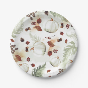 White Pumpkin Rustic Fall Leaves Pattern Paper Plates
