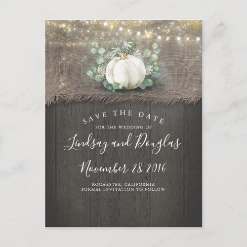 White Pumpkin Rustic Save the Date Announcement Postcard
