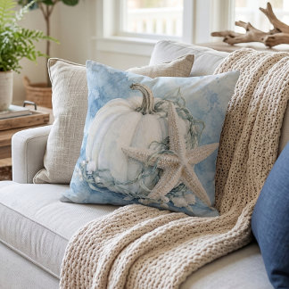 White Pumpkin Starfish Coastal Throw Pillow