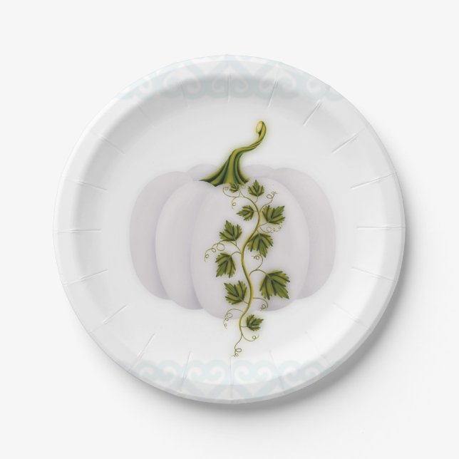 White Pumpkin Storybook Blue Fall Wedding Party Paper Plates (Front)