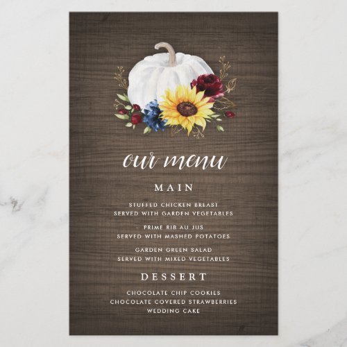 White Pumpkin Sunflower Fall Wedding Menu Cards