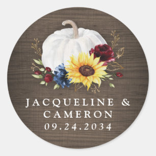 White Pumpkin Sunflower Roses Gold Fall Wedding Classic Round Sticker