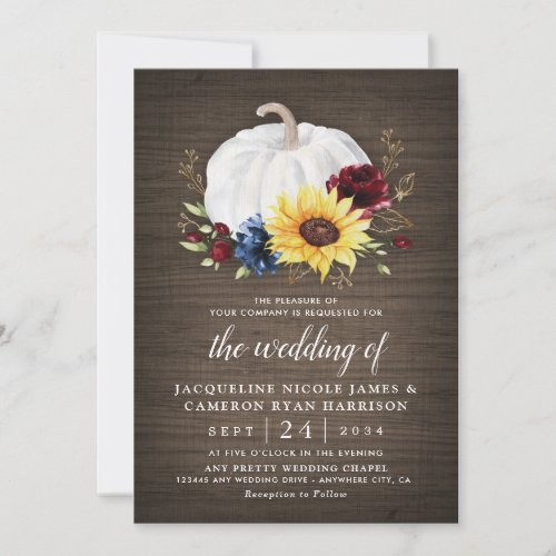 White Pumpkin Sunflower Roses Gold Fall Wedding Invitation