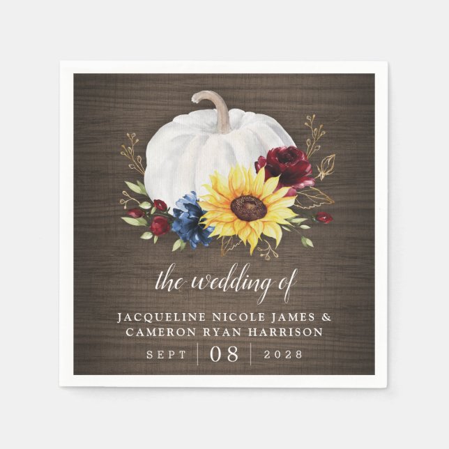 White Pumpkin Sunflower Roses Gold Fall Wedding Napkins (Front)