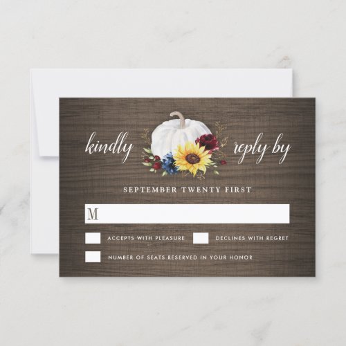 White Pumpkin Sunflower Roses Gold Fall Wedding RSVP Card