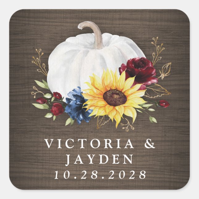 White Pumpkin Sunflower Roses Gold Fall Wedding Square Sticker (Front)