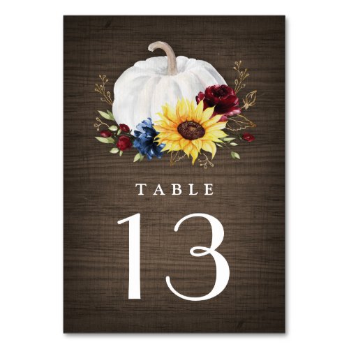 White Pumpkin Sunflower Roses Gold Fall Wedding Table Number