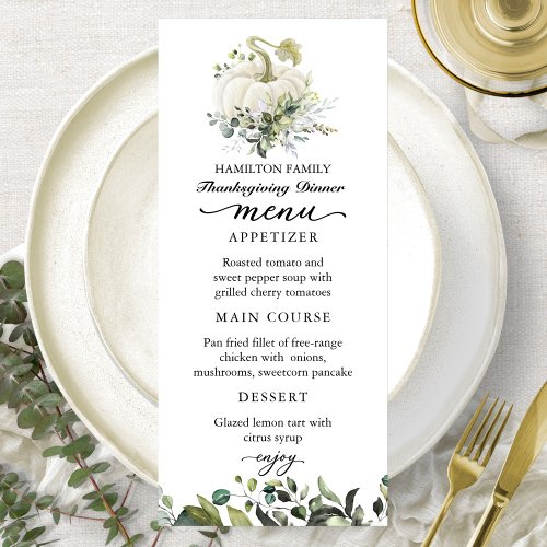 White Pumpkin Thanksgiving Dinner Menu Card