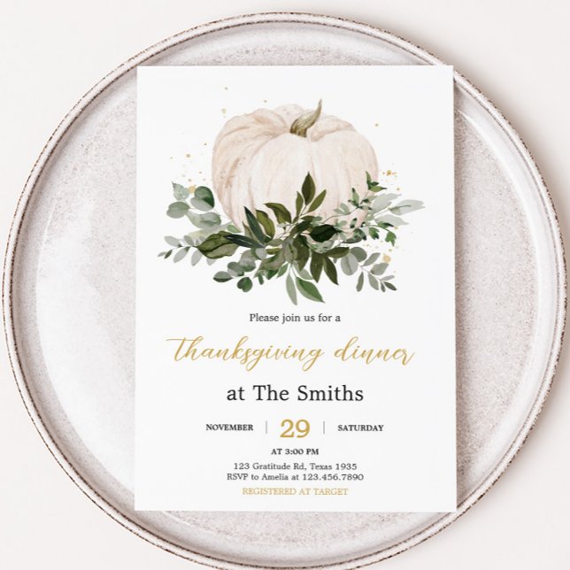 White Pumpkin Thanksgiving Dinner Party Invitation (White Pumpkin Fall Thanksgiving Dinner Party Invitation)