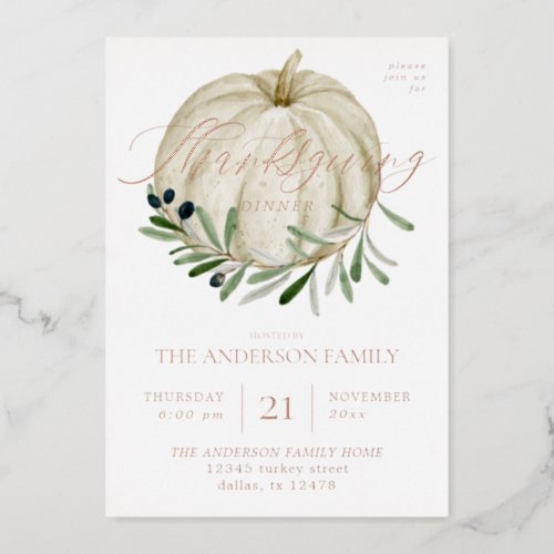 White Pumpkin Thanksgiving Foil Invitation