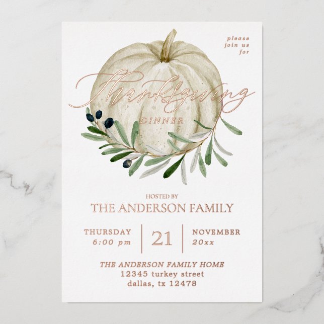 White Pumpkin Thanksgiving Foil Invitation (Front)