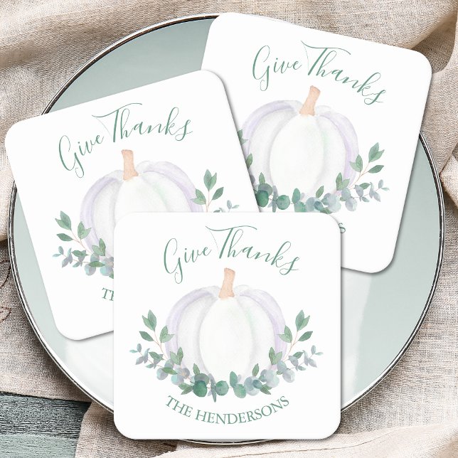 White Pumpkin Thanksgiving Square Paper Coaster (Creator Uploaded)