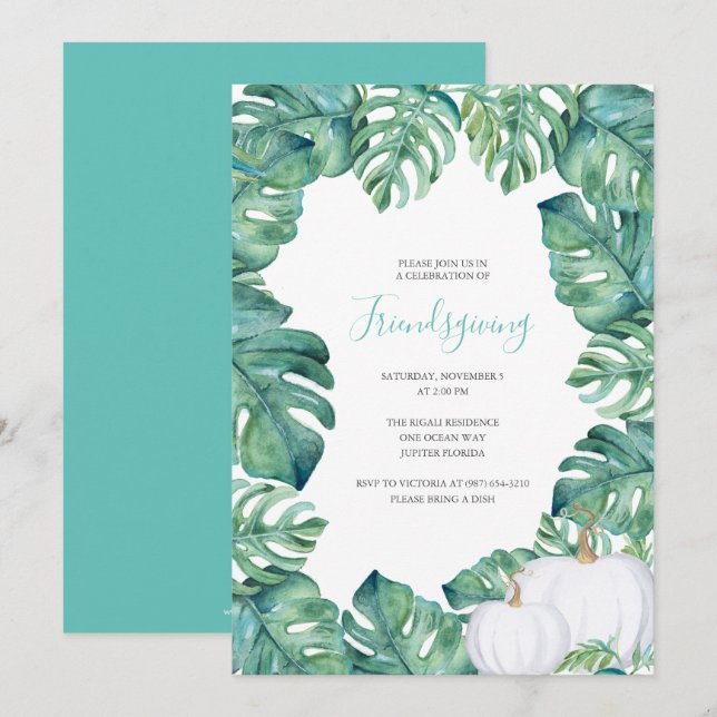 White Pumpkin Tropical Greens Friendsgiving Invite (Front/Back)
