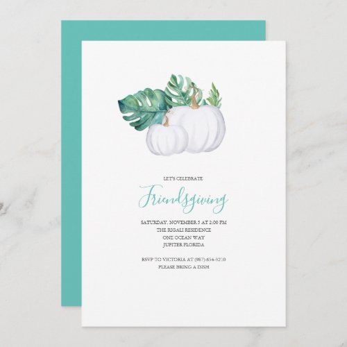 White Pumpkin Tropical Leaves Friendsgiving Invite