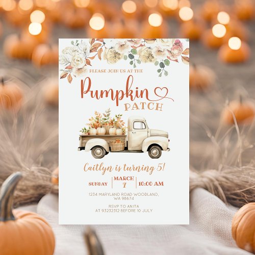 White Pumpkin Truck Patch 5th Birthday Party  Invitation