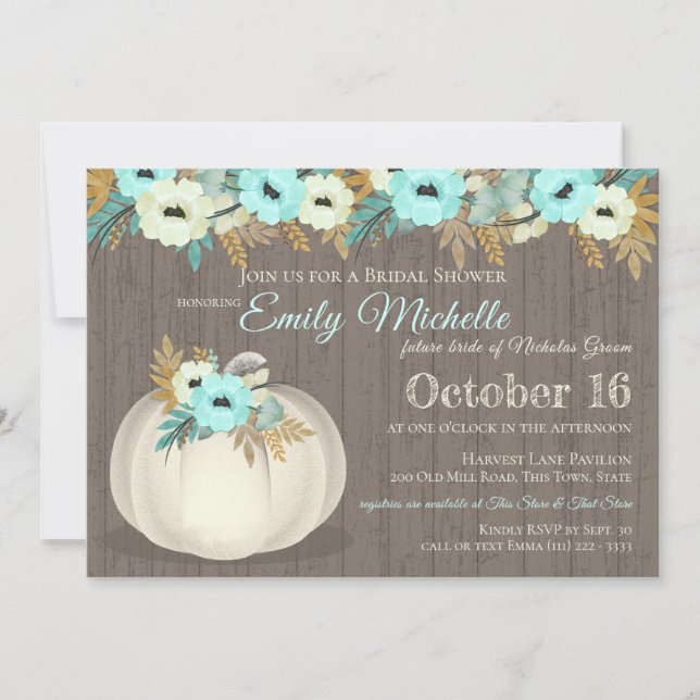 White Pumpkin with Turquoise Floral Bridal Shower Invitation (Front)