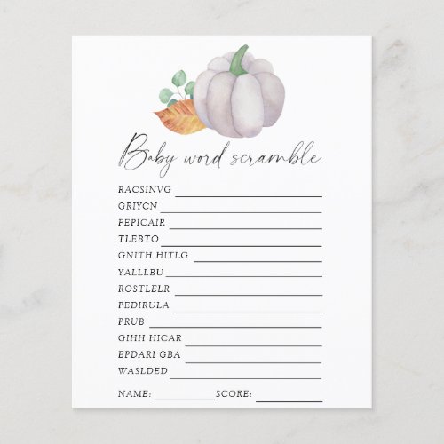 White pumpkin _ Word scramble baby shower game