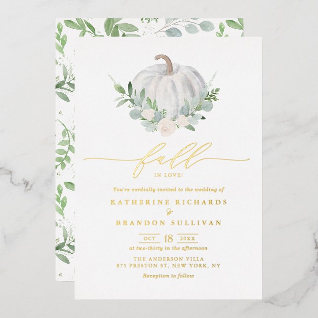 White Pumpkin Wreath Greenery Fall Wedding Foil Invitation (Front/Back)