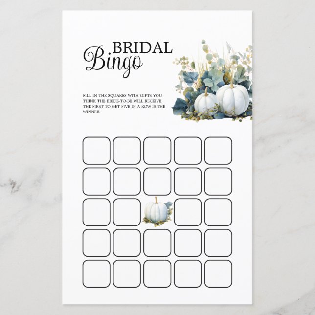White pumpkins and eucalyptus Bridal Shower Bingo (Front)