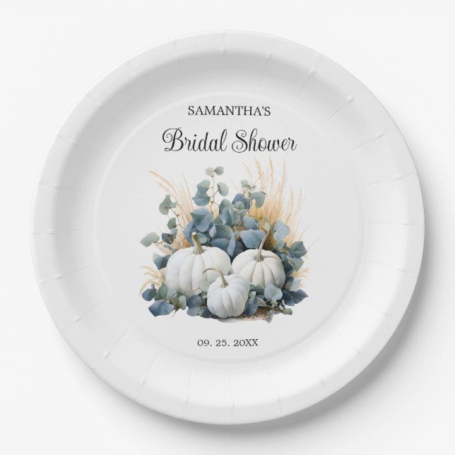 White pumpkins and eucalyptus greens Bridal Shower Paper Plates (Front)